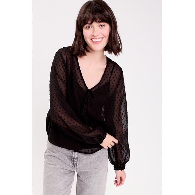 Blouse courte droite col v noir <span itemprop=