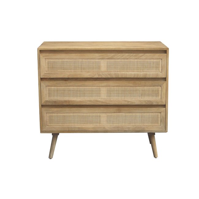 Commode en bois manguier massif et cannage rotin 3 tiroirs L90 cm ACANGE Couleur chêne clair <span itemprop=
