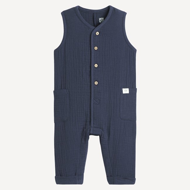 Combinaison sans manches en gaze de coton bleu marine <span itemprop=