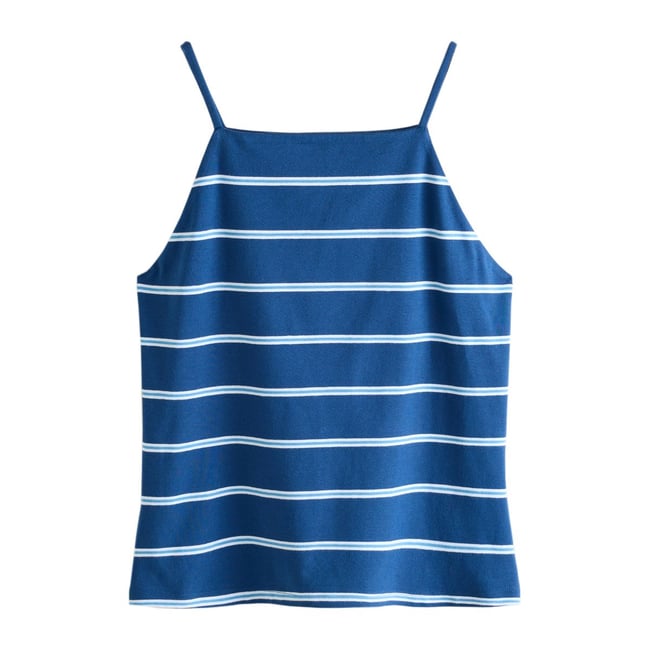 Débardeur style chasuble à fines bretelles bleu marine rayé <span itemprop=