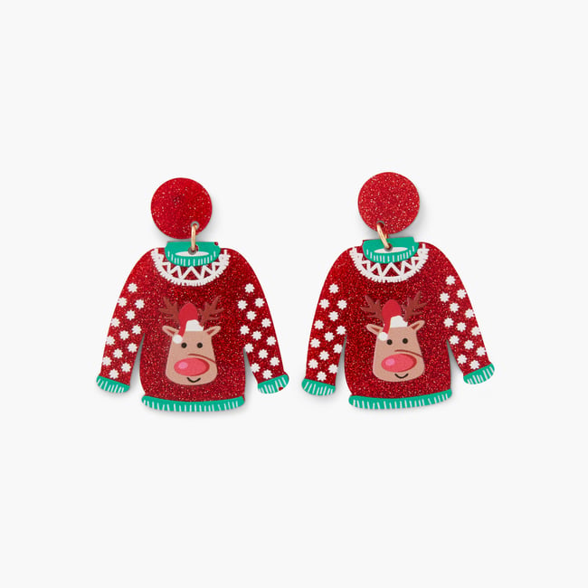 Boucles d'oreilles pull de Noël rouge <span itemprop=