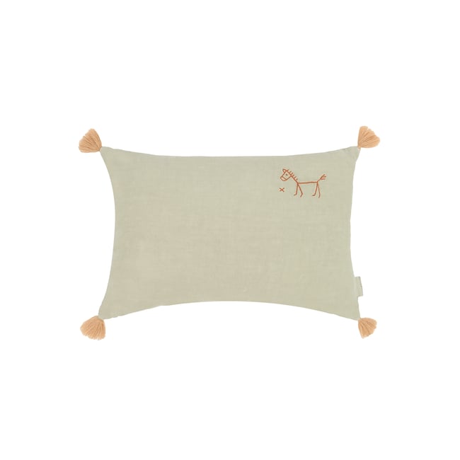 Coussin rectangulaire brodé en lin français lavé avec pompons L1N0 - NOBODINOZ
