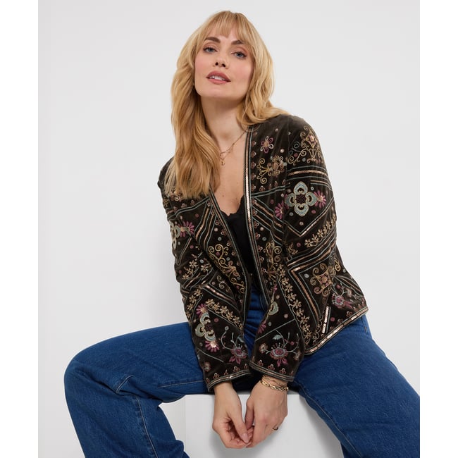 Veste Ouverte Brodée Boutique Bella gris <span itemprop=