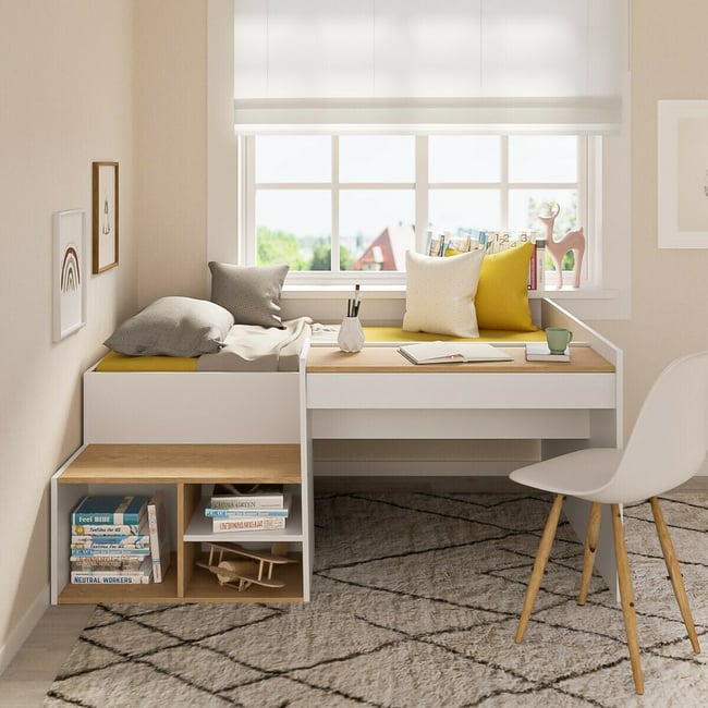 Lit combiné avec bureau BORUTO Couleur blanc et noisette <span itemprop=