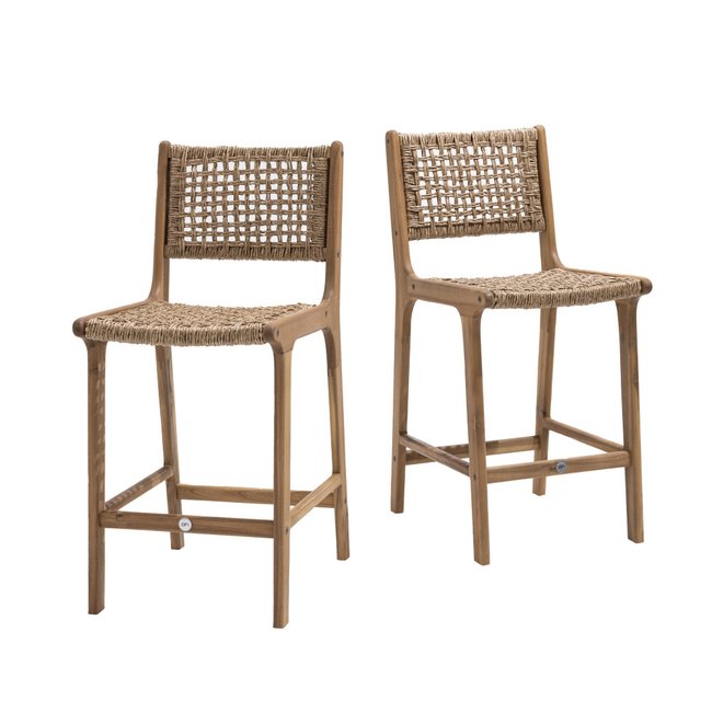 Lot de 2 tabourets de bar intérieur/extérieur en bois d'acacia et résine tressée H66cm - Lexia bois clair <span itemprop=