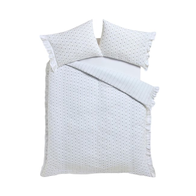Parure de lit à volants, rayures et fleurs imprimé fleuri blanc <span itemprop=