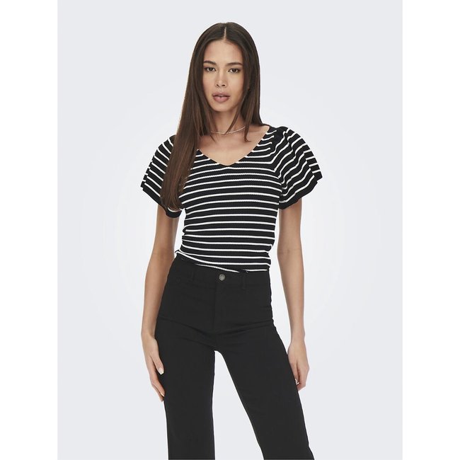 Camisola curta em canelado, decote em V preto riscas branco <span itemprop=
