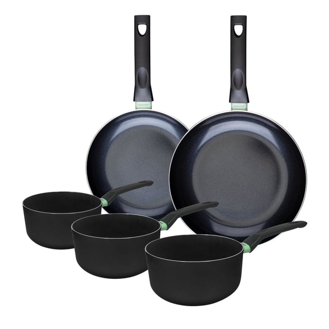 Batterie 2 poêles 24/28cm + 3 casseroles 16/18/20cm BRANDAO noir|vert <span itemprop=