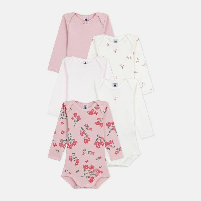 Confezione da 5 body a maniche lunghe rosa + bianco PETIT BATEAU