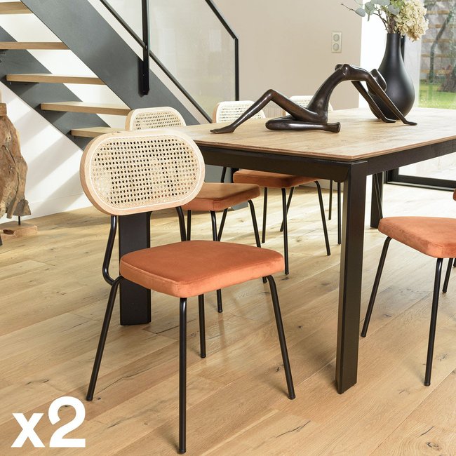 Chaise assise velours orange dossier rotin (lot de 2) PALMA Couleur orange <span itemprop=