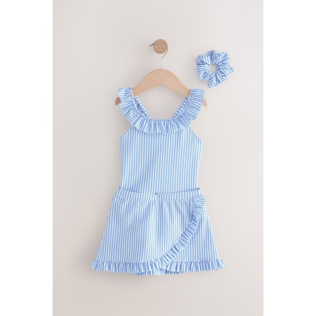 Maillot de bain, jupe bain et chouchou rayé bleu/blanc <span itemprop=