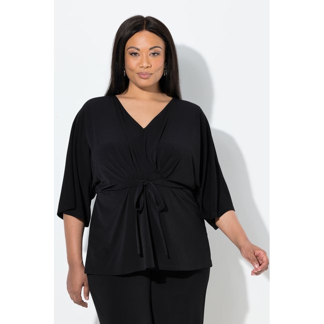 T-shirt esprit kimono, ceinture à nouer noir <span itemprop=