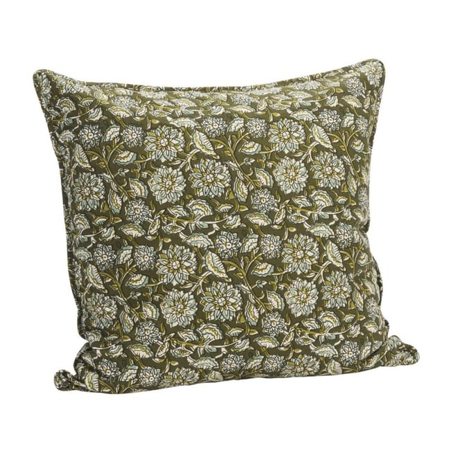 Grande housse coussin coton fleurs vert <span itemprop=