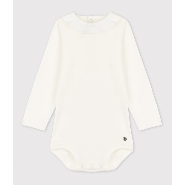 Organic Cotton Bodysuit with Long Sleeves and Ruffled Collar, white, PETIT BATEAU