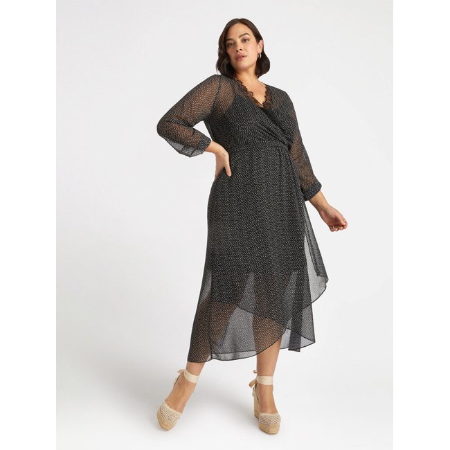 Robe en georgette à pois avec fond de robe intégré noir <span itemprop=