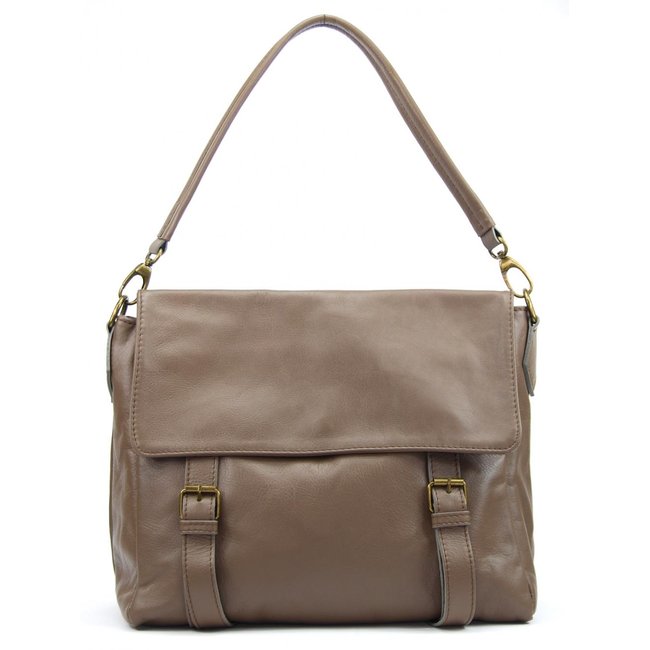 Sac bandoulière cartable cuir italien lisse KANGRI taupe foncé <span itemprop=