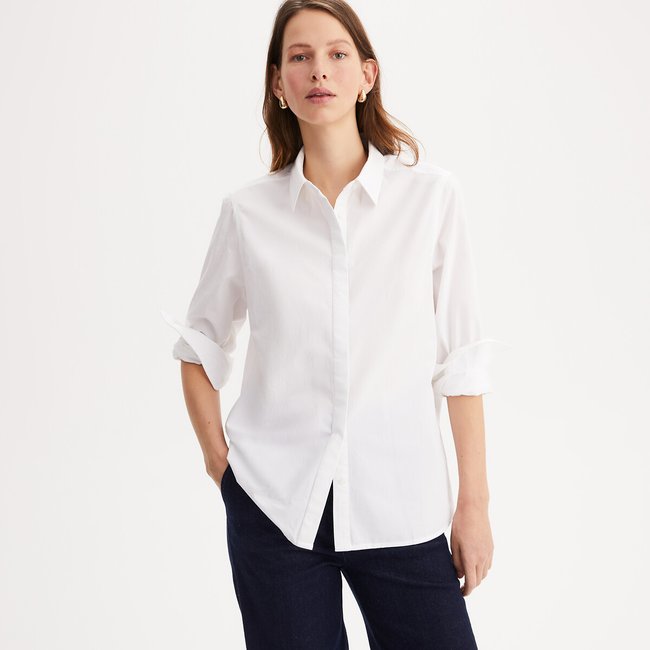 Chemise, manches longues, popeline de coton blanc <span itemprop=