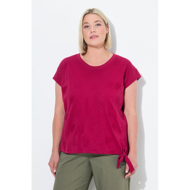 Débardeur, motif feuilles, nœud à la base framboise foncé <span itemprop=