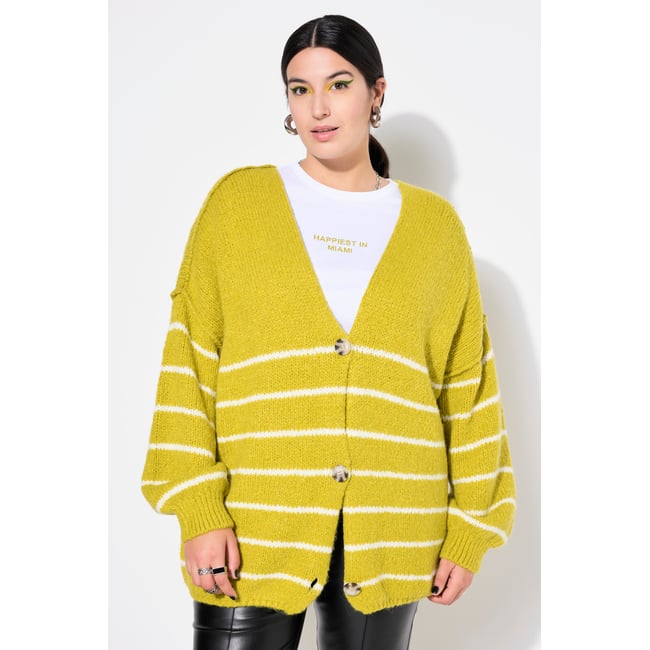 Cardigan oversize, rayures esprit marinière jaune vert <span itemprop=