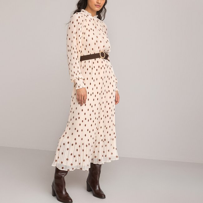 Pleated Midaxi Dress in Polka Dot Print with Ruffled Neck, ecru polka dots, LA REDOUTE COLLECTIONS