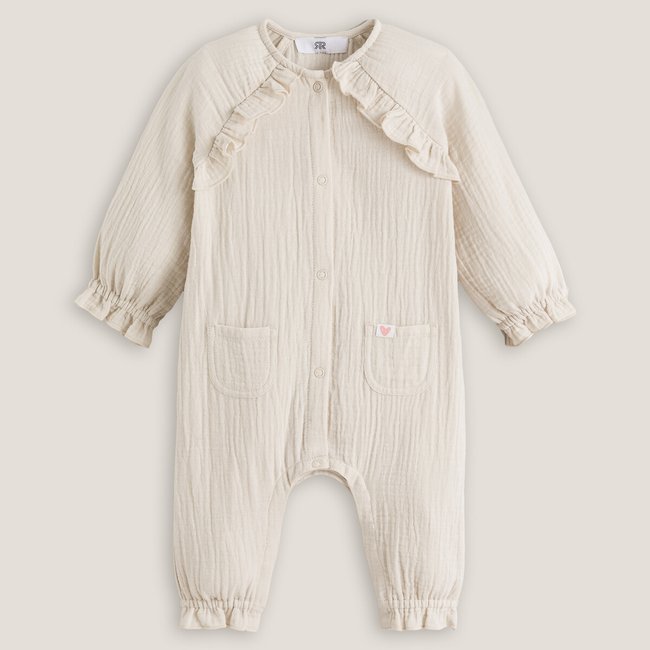 Combinaison longue à volants, gaze de coton beige <span itemprop=