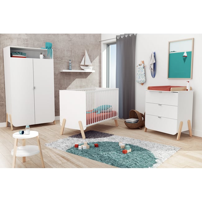Chambre enfant 3 tiroirs en bois PIRATE Couleur blanc et hêtre verni <span itemprop=
