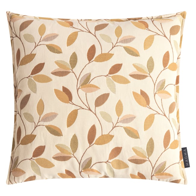 Housse de coussin jacquard motif feuillage AVENIA tons de cuivre sur fond beige <span itemprop=
