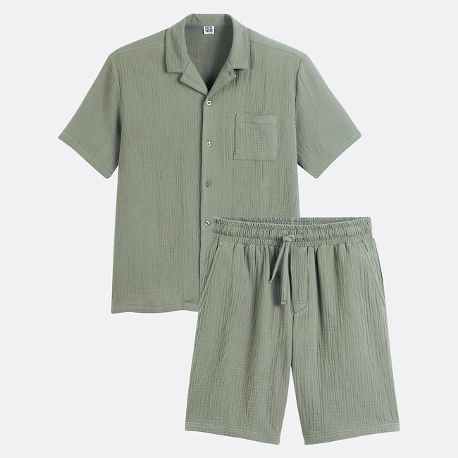 Pyjama en gaze de coton vert kaki <span itemprop=