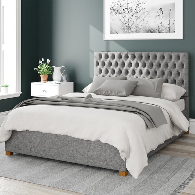 Monroe Herringbone Twill Storage Ottoman Bed with Chesterfield Upholstered Headboard - ASPIRE