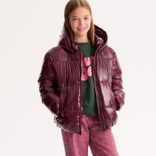 Doudoune chaude brillante à capuche bordeaux <span itemprop=