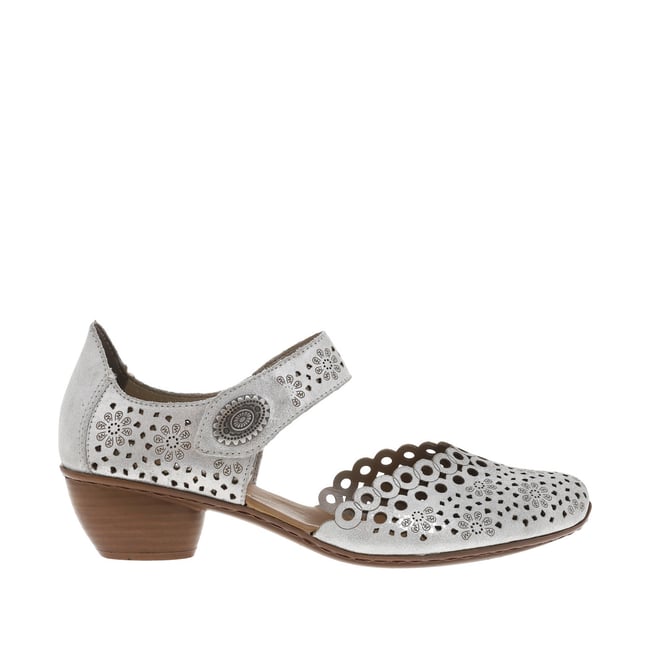 Escarpins emboitant argent à talon décroché moyen et bande auto-agrippante argent <span itemprop=
