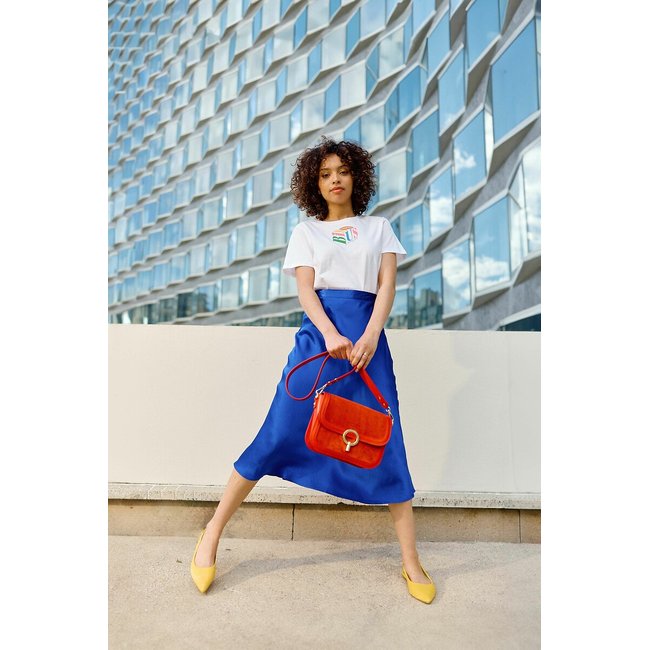 Jupe mi-longue tissu satiné JILL bleu <span itemprop=