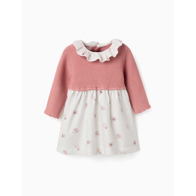Robe bi-matière avec imprimé floral rose <span itemprop=