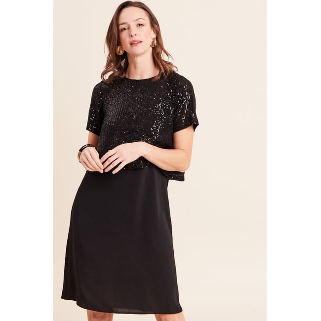 Robe courte évasée col rond 2 en 1 noir <span itemprop=