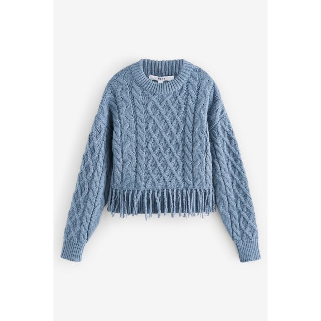 Pull ras du cou à franges en maille torsadée bleu indigo <span itemprop=