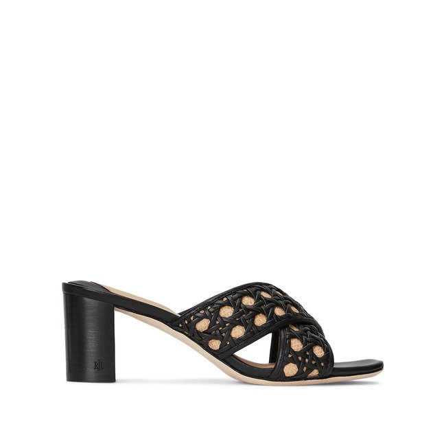 Muiltjes met hoge hak in leer en raffia <span itemprop=