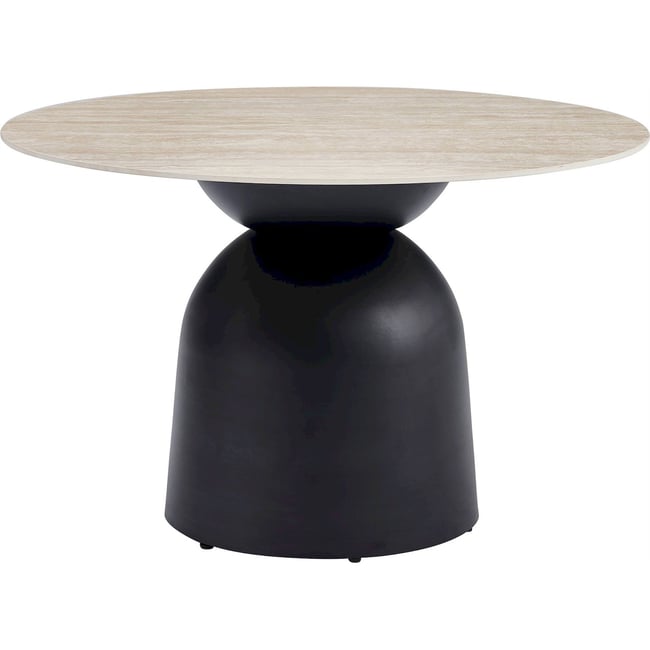 Table ronde effet travertin pied sculptural Couleur beige effet travertin et noir mat <span itemprop=