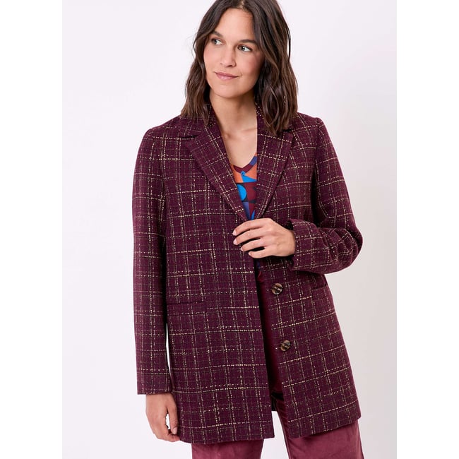 Manteau droit à carreaux AUDREY rouge bordeaux foncé <span itemprop=