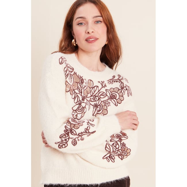 Pull col rond brodé à sequins ecru <span itemprop=