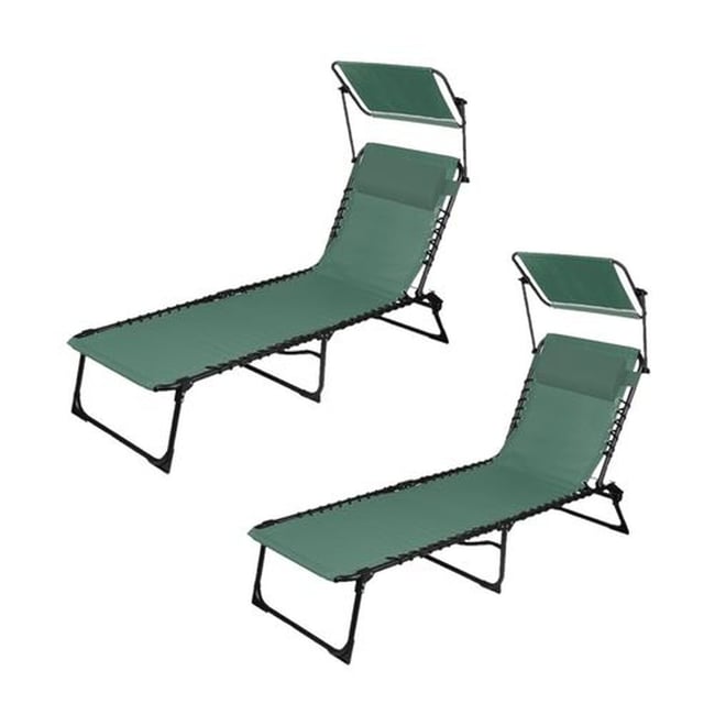Lot de 2 bains de soleil avec coussin et pare-soleil inclinable vert <span itemprop=