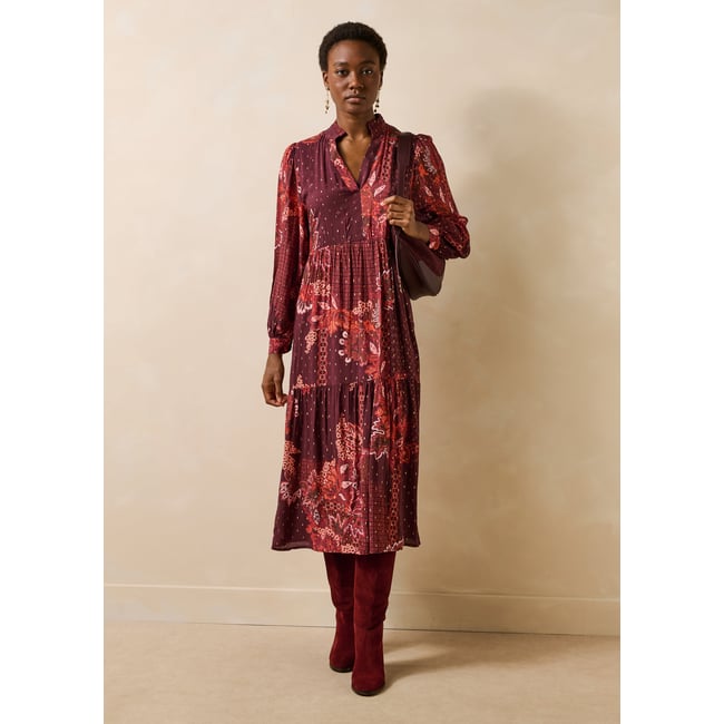 Robe longue imprimée manches longues encolure tunisienne rouge <span itemprop=