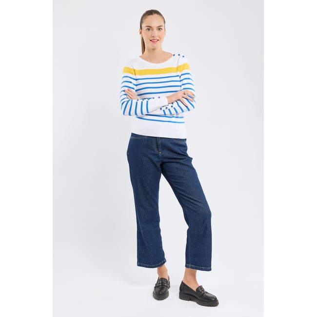 Pull marin manches boutonnées en coton blanc/blue saphir/snapdrag <span itemprop=