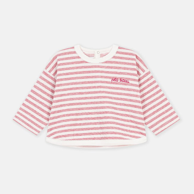T-shirt manches longues en coton rayé rose <span itemprop=