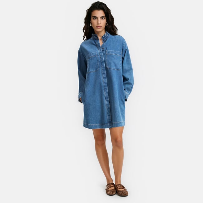 Robe courte à col volanté en denim, Signature DEBBIE bleu stone <span itemprop=