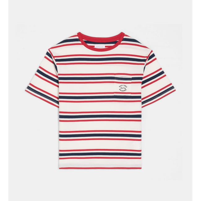 T-shirt tartus à rayures coton écru et multicolore <span itemprop=