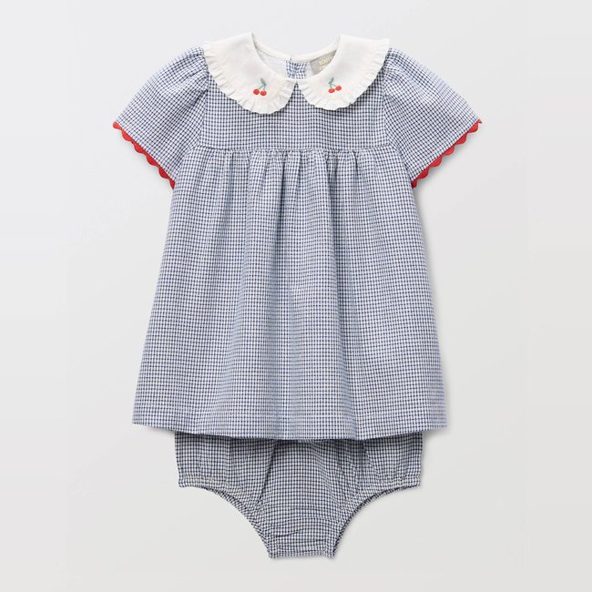 Robe avec bloomer à carreaux et à col brodé en coton pierre bleue <span itemprop=
