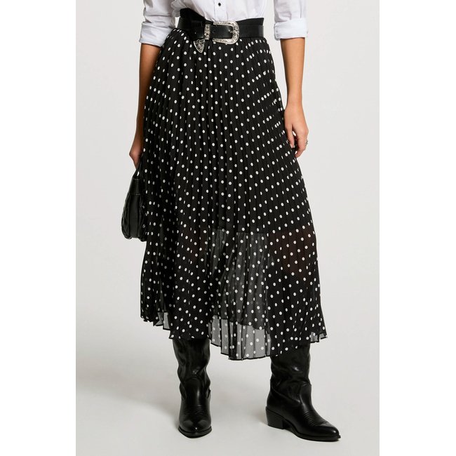 Jupe longue plissée à pois multicolore <span itemprop=