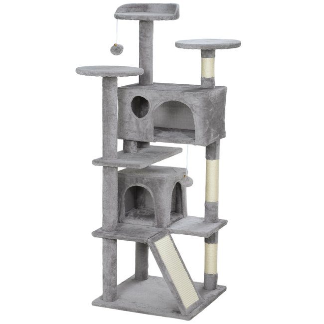 Arbre à chat 2 niches grattoir griffoirs plate-formes 2 niches 2 pompons gris <span itemprop=