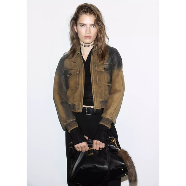 Veste cuir effet usé marron <span itemprop=