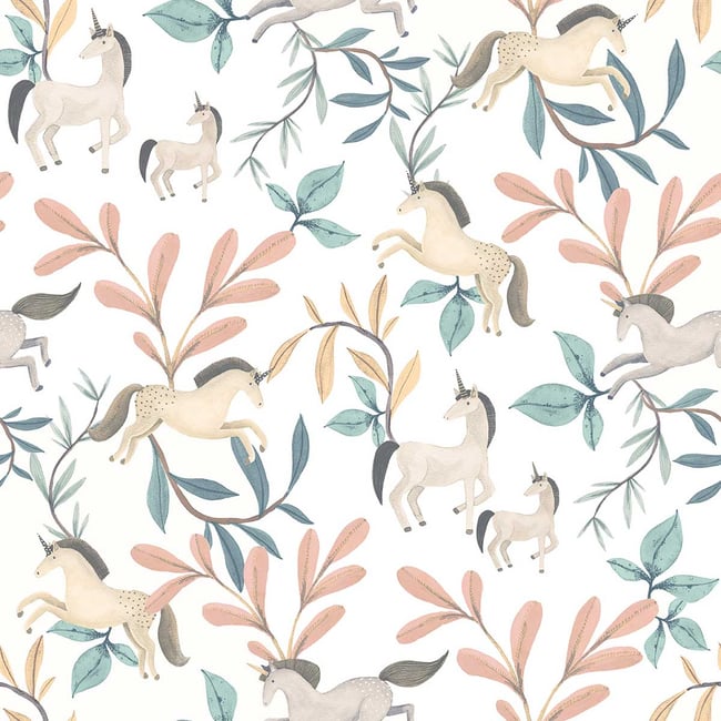 Papier peint licornes et feuillages pastel enfant Couleur multicolore <span itemprop=
